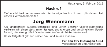 Traueranzeige von Jörg Wennmann von Gmünder Tagespost