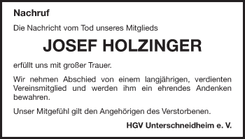 Traueranzeige von Josef Holzinger von Schwäbische Post
