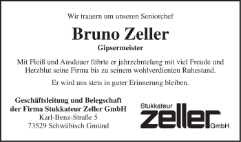 Traueranzeige von Bruno Zeller von Gmünder Tagespost