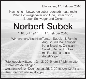 Traueranzeige von Norbert Subek von Schwäbische Post
