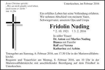 Traueranzeige von Fridolin Nuding von Schwäbische Post