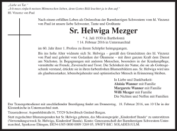 Traueranzeige von Helwina Mezger von Gmünder Tagespost