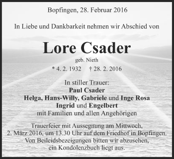 Traueranzeige von Lore Csader von Schwäbische Post