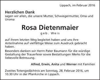 Traueranzeige von Rosa Dietenmaier von Schwäbische Post