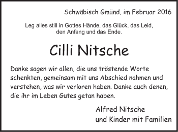 Traueranzeige von Cilli Nitsche von Gmünder Tagespost