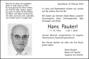 Traueranzeige von Hans Paukerl von Gmünder Tagespost