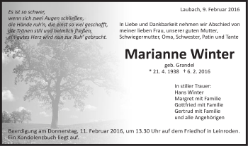 Traueranzeige von Marianne Winter von OstalbTrauer