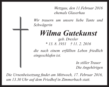 Traueranzeige von Wilma Gutekunst von Gmünder Tagespost