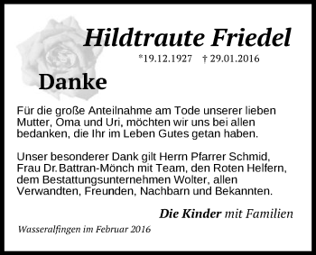 Traueranzeige von Hildtraute Friedel von Schwäbische Post