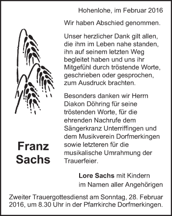 Traueranzeige von Franz Sachs von Schwäbische Post
