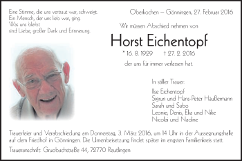 Traueranzeige von Horst Eichentopf von Schwäbische Post