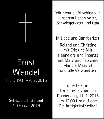 Traueranzeige von Ernst Wendel von Gmünder Tagespost