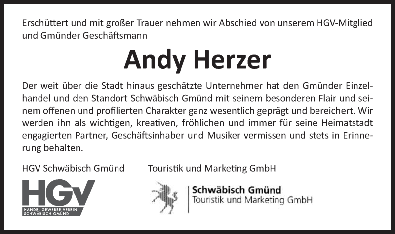  Traueranzeige für Andy Herzer vom 27.02.2016 aus Gmünder Tagespost