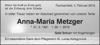 Traueranzeige von Anna-Maria Metzger von Schwäbische Post