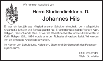 Traueranzeige von Johannes Hils von Schwäbische Post