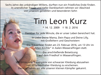 Traueranzeige von Tim Leon Kurz von Schwäbische Post