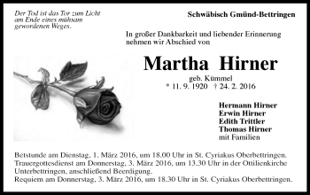 Traueranzeige von Martha Hirner von Gmünder Tagespost