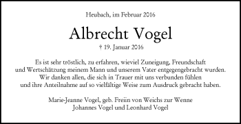 Traueranzeige von Albrecht Martin Vogel  von Gmünder Tagespost