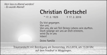 Traueranzeige von Christian Gretschel von Gmünder Tagespost
