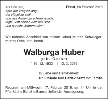 Traueranzeige von Walburga Huber von Schwäbische Post