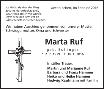 Traueranzeige von Marta Ruf von Schwäbische Post