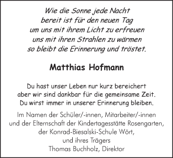 Traueranzeige von Matthias Hofmann von Schwäbische Post