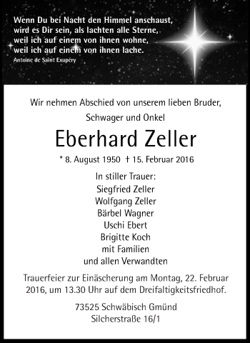 Traueranzeige von Eberhard Zeller von Gmünder Tagespost