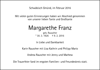 Traueranzeige von Margarethe Franz von Gmünder Tagespost