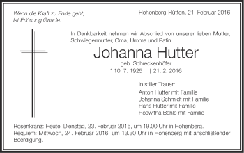 Traueranzeige von Johanna Hutter von Schwäbische Post