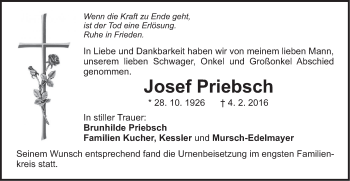Traueranzeige von Josef Priebsch von Gmünder Tagespost