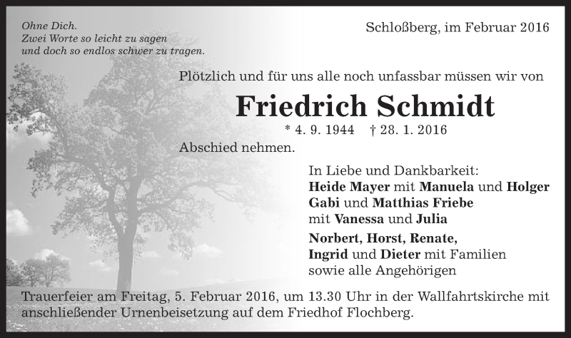  Traueranzeige für Friedrich Schmidt vom 02.02.2016 aus Schwäbische Post