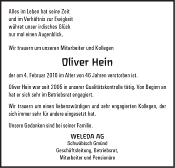 Traueranzeige von Oliver Hein von Gmünder Tagespost