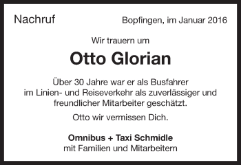 Traueranzeige von Otto Glorian von Schwäbische Post
