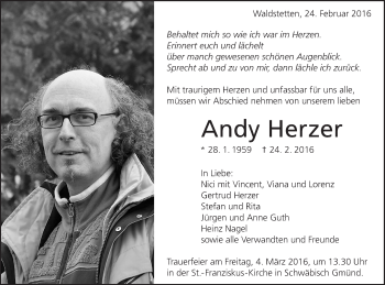 Traueranzeige von Andy Herzer von Gmünder Tagespost