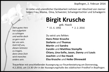 Traueranzeige von Birgit Krusche von Schwäbische Post
