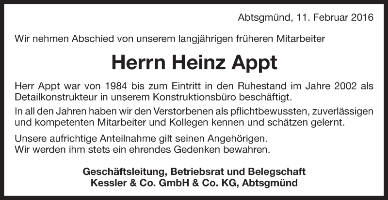  Traueranzeige für Heinz Appt vom 11.02.2016 aus Schwäbische Post