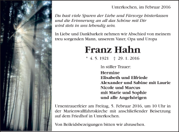 Traueranzeige von Franz Hahn von Schwäbische Post