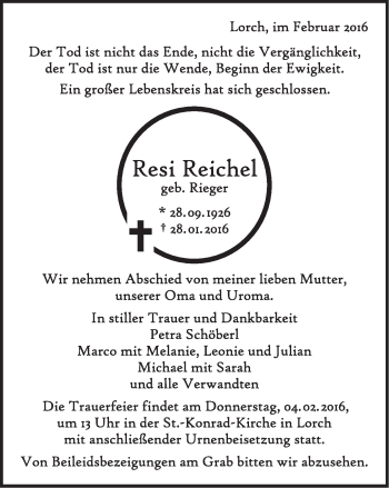 Traueranzeige von Resi Reichel von Gmünder Tagespost
