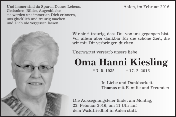 Traueranzeige von Hanni Kiesling von Schwäbische Post