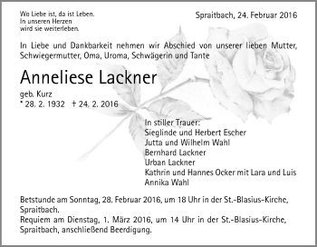 Traueranzeige von Anneliese Lackner von Gmünder Tagespost