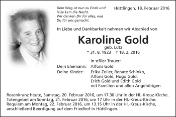 Traueranzeige von Karoline Gold von Schwäbische Post