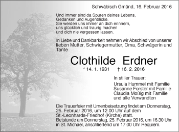 Traueranzeige von Clothilde Erdner von Gmünder Tagespost