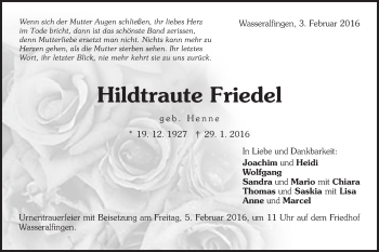 Traueranzeige von Hildtraute Friedel von Schwäbische Post