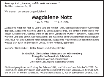 Traueranzeige von Magdalene Notz von Gmünder Tagespost