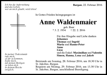 Traueranzeige von Anne Waldenmaier von Gmünder Tagespost