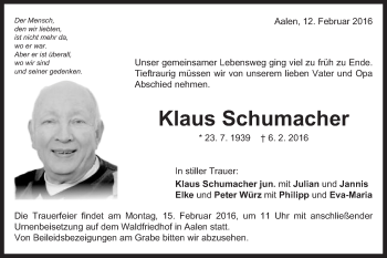 Traueranzeige von Klaus Schumacher von Schwäbische Post