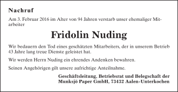 Traueranzeige von Fridolin Nuding von Schwäbische Post