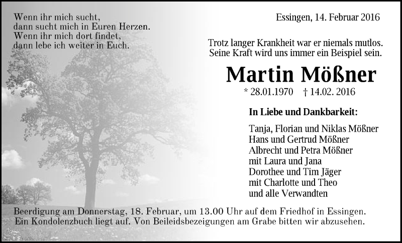  Traueranzeige für Martin Mößner vom 16.02.2016 aus Schwäbische Post