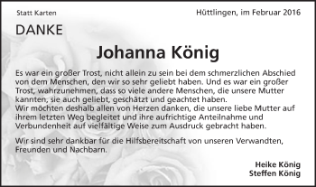 Traueranzeige von Johanna König von Schwäbische Post