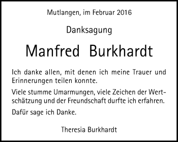 Traueranzeige von Manfred Burkhardt von Gmünder Tagespost